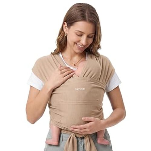 Momcozy Baby Wrap Carrier, Easy-On 2-Piece Design, Newborn to 33 lb | Easy On Like a T-Shirt, XXS-XXL Adjustable Fit, IHDI Hip-Healthy, Lightweight Hands-Free Comfort Baby Sling, Light Curry