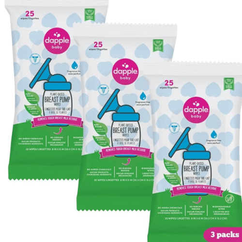 Dapple Baby Breast Pump Wipes - 75 Count (Pack of 3), Fragrance Free, Plant Based & Hypoallergenic - Removes Milk Residue, Leaves No Taste - Convenient Wipes Pouch