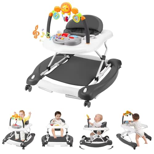 RefoereBabe Baby Walker with Wheels, 5 in 1 Baby Walkers for Boys Girls 6-12 Months, Foldable Walker Baby with Bouncer & Feeding Tray, Music, Adjustable Heights