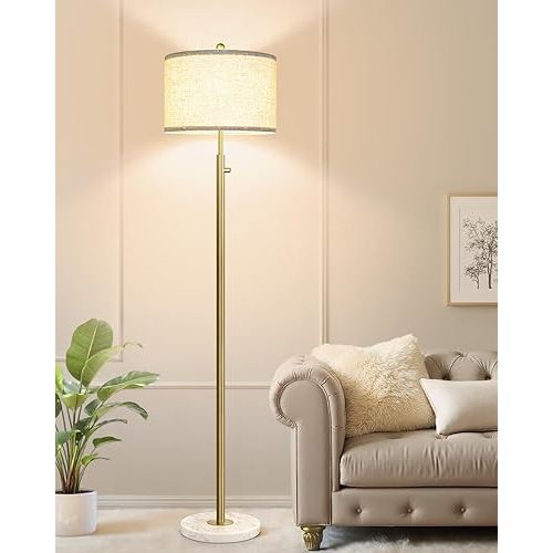 【Upgraded】 Dimmable Floor Lamp for Living Room, 11W LED Bulb Included, Modern Standing Lamp with Marble Base, Tall Pole Light with Linen Shade for Bedroom Reading Office Corner Nursery-Brass Gold