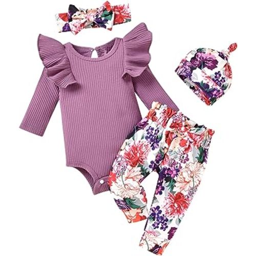 6-12M Unutiylo Baby Girls Clothes Ribbed Romper Bodysuit Pants Set Ruffle Spring Summer Outfits
