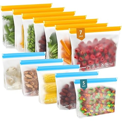IDEATECH 12Pack Reusable Food Storage Bags Dishwasher Safe,Leakproof Gallon Freezer Bags, BPA Free Quart Sandwich Size Silicone Reusable Baggies for Marinate Meats,Travel(7Gallon 5Quart, Colored)