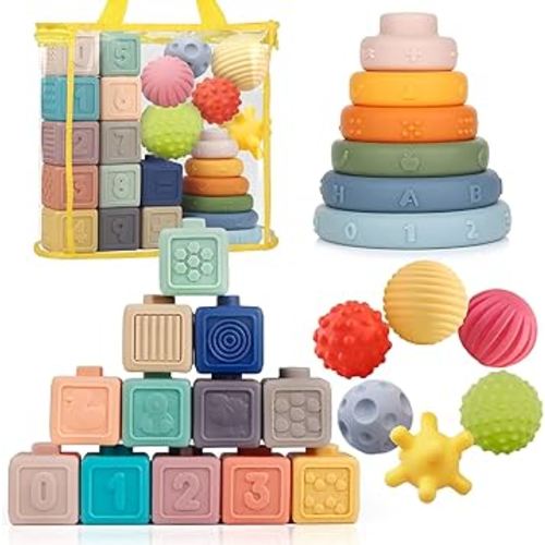 Montessori Toys Soft Stacking Building Blocks Rings Balls Sets 3 in 1 Baby Toys Bundle for Babies Sensory for Toddlers Teething Bath for Infants Learning Education Toy