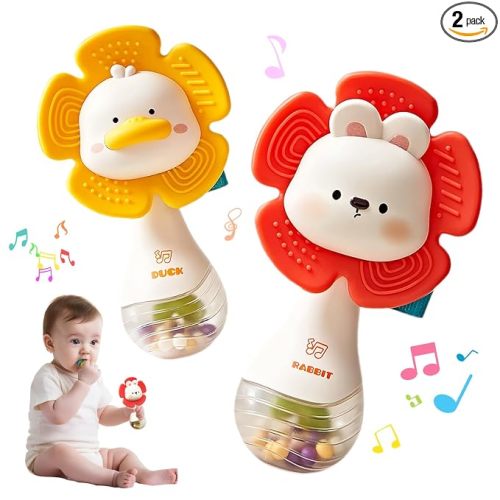 2 PCS Baby Rattles Teething Toys 3-6 Month, Baby Toys for 0-6 Months | Infant Toy Sensory Toys with Beads Grasping Shaker , Newborn Must Haves Montessori Toys Babies Gifts