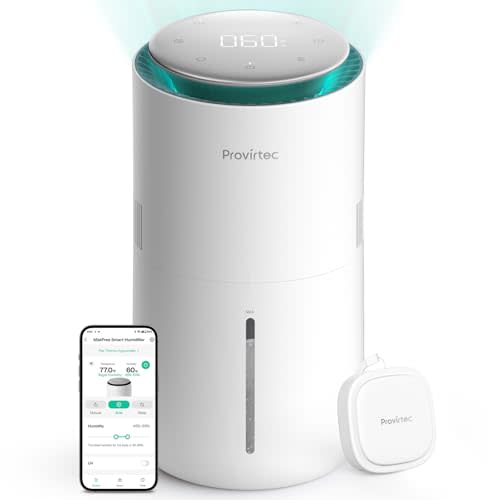 Provirtec MistFree Smart Humidifier for Bedroom, Evaporative Humidifier No White Dust, Auto Humidity & APP Control, 3L Water Tank Easy to Clean, Sleep Mode, Timing, Humidifiers for Nursery/Baby(White)