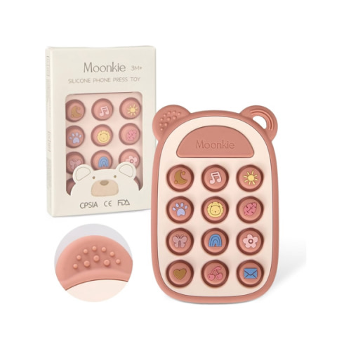 Moonkie Silicone Press Phone Teething Toy for Baby 3 Months+ | Soft BPA-Free Teether with Icon & Number Pop Bubbles | Ideal Gift for Baby Girls