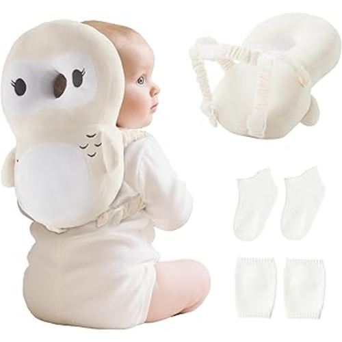 Fortella Baby Head Protector Backpack with Socks and Knee Pads - Adjustable Safety Pillow for Crawling Toddlers 5-12 Months, Soft Cushioned Support, Infant Travel Essentials Gift for Boys Girls (Owl)