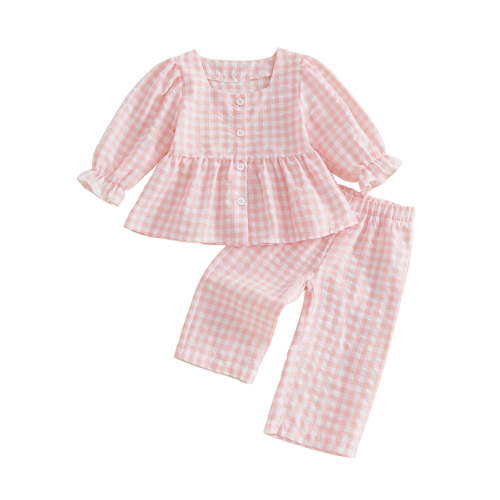 Loicainy Baby Toddler Girls Fall Clothes Set 6 12 18 24 Months 2T 3T 4T 5T Plaid Square Neck Button up Long Sleeve Shirt and Elastic Pants 2 Piece Outfits