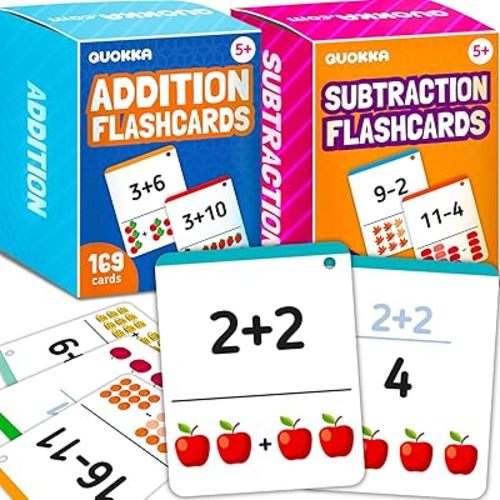 QUOKKA Addition & Subtraction Flash Cards Set for Kids Ages 4-8 – 338 Jumbo Math Flash Cards with Visual Aids, Sorting Rings & Reference Cards – Math Games for Kids 1st to 3rd Grade Classroom & Home