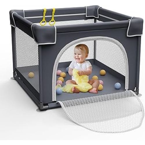 Playpen for Babies and Toddlers, 36"x36" Indoor & Outdoor Play Yard With Soft Breathable Mesh, Sturdy Safety Playard (Grey)