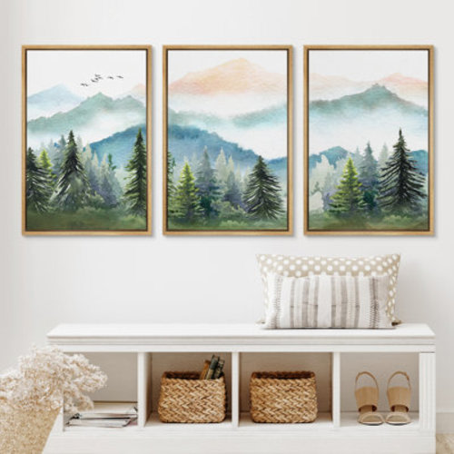 Woodland Forest Landscape Watercolor Pastel Mountain Range Pine Tree Forest Landscape Framed On Canvas 3 Piece Print Wall Art | Wayfair