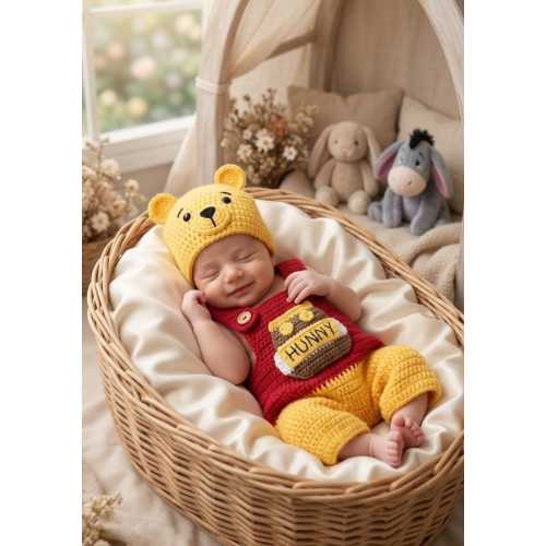 Crochet Winnie Bear Baby Outfit, Newborn Photo Prop, Organic Cotton Costume