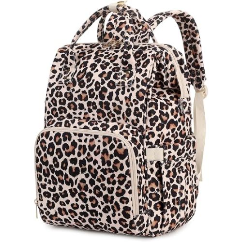 Baby Diaper Bag Backpack for Mom, Large Capacity Travel Nappy Bag for Boys & Girls with Stroller Straps (Corduroy Leopard)