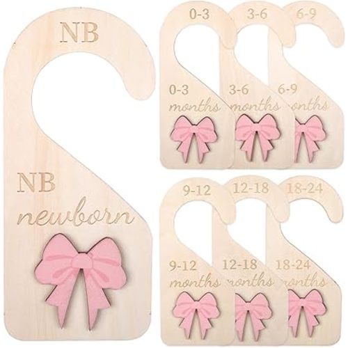 7 Pieces Wooden Baby Closet Dividers - 3D Coquette Pink Bow Baby Clothes Dividers for Closet Newborn Clothes Organizer Double-Sided Wardrobe Hanger Nursery Decor Birthday Gift (0-24 Months)