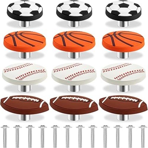 12 Pcs Sports Ball Dresser Knobs Rubber Baseball Basketball Drawer Knobs Drawer Hardware Handle for Cabinet, Nursery, Kitchen and Home Decor (Football, Basketball, Softball & Rugby Styles)
