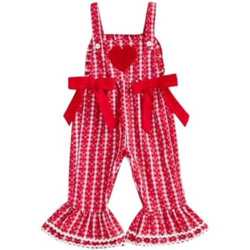 Adobabirl Baby Girl Overalls Love Heart Embroidery Bell Bottom Jumpsuit Suspender Romper Plaid Pants Valentines Day Outfit