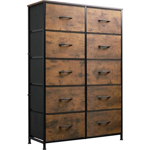 WLIVE Tall Dresser for Bedroom with 10 Fabric Drawers, Organizer Units for Closet, Storage Tower with Cabinet, Metal Frame, Rustic Brown Wood Grain Print Dressers