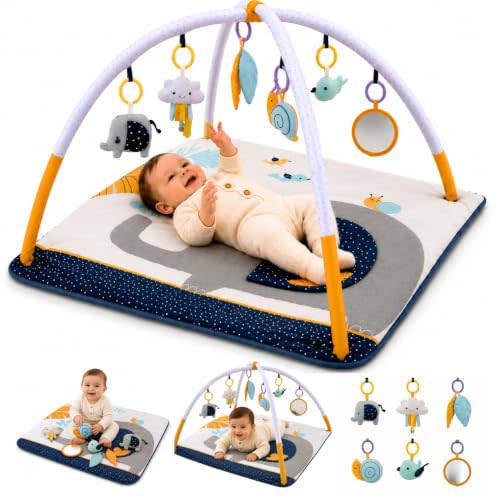 Baby Play Mat 0-18 Months for Infants, Play Gym with Detachable Soft Toys, Velvet Surface, Sensory & Montessori Activity Mat for Growing Toddlers and Born Babies.