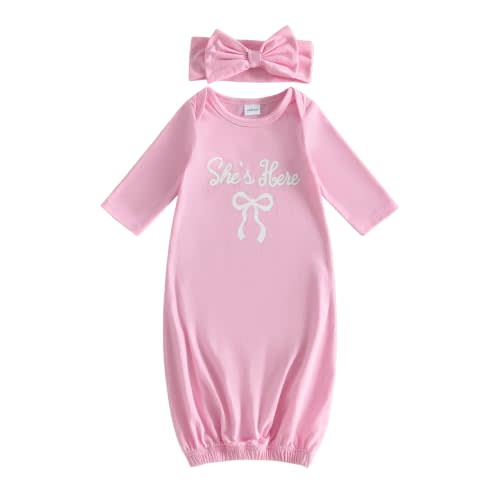 fhutpw Newborn Baby Girls Cotton Sleeper Gown She Is Here Nightgown Pajamas | Infant Long Sleeve Baby Gowns with Bow Headband Coming Home Outfits Gifts Stuff Essential