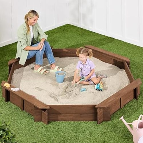 Best Choice Products Kid's Large Octagonal Wooden Outdoor Sandbox with Cover w/ 4 Reinforced Benches, 8 Seats, XL Sandpit, Bottom Liner - Walnut