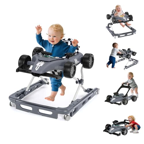 Baby Walker with Wheels, 4-in-1 Baby Walker for Boys Girls Foldable Activity Walker with Adjustable Height Toddler Infant Walker with Music and Lights Walker for Baby 6-24 Months, Grey