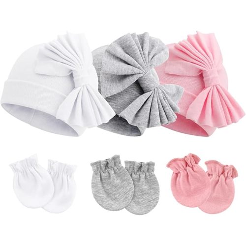 DRESHOW BQUBO Newborn Baby Hospital Hats Beanie Bow Infant Caps Baby Cotton No Scratch Mittens Set for 0-6 Months