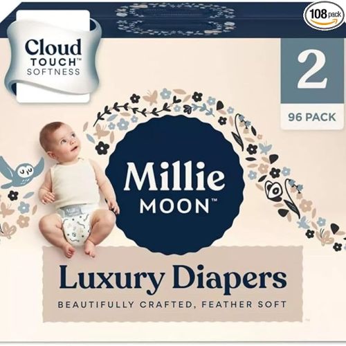 Millie Moon Luxury Diapers – Ultra Soft Cloud Touch Disposable Diapers with 12 Hour Absorbency & Wetness Indicator (2-96ct)