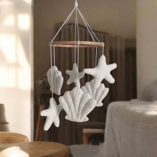 Seashell Starfish Baby Mobile: Ecru Bouclé Ocean Nursery Decor