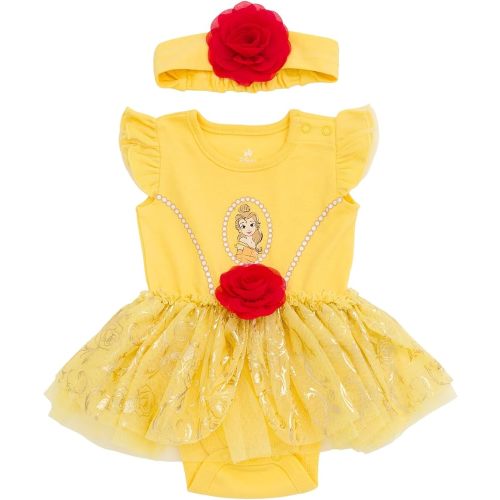 Disney Princess Baby Girls Cosplay Bodysuit With Skirt Overlay & Headband Outfit Set Newborn to Infant Sizes (0-24 Months)
