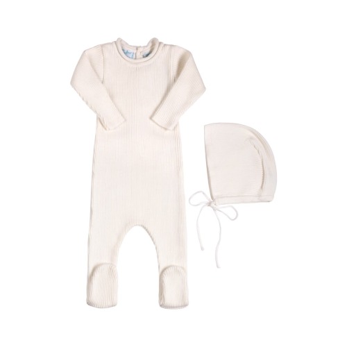 Rolled Collar Rib Knit Footie & Bonnet Set