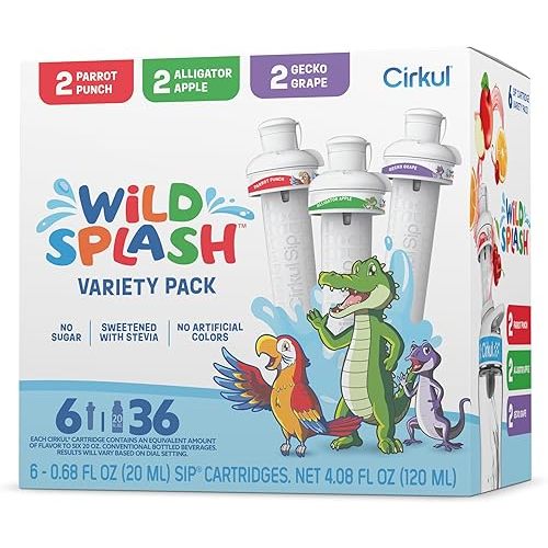 Cirkul Wild Splash Stevia Flavor Water Variety Pack, Makes 36 Drinks, No Sugar, Zero Calorie Drink Mix, (2 Parrot Punch, 2 Alligator Apple, 2 Gecko Grape)