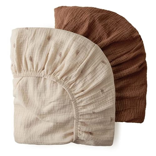 Muslin Crib Sheets, 2 Pack - Soft Cotton Fit for Baby Mattresses, Boys & Girls, Boho Nursery Design (Sunshine & Brown) - Pack N Play Sheets 2 Pack