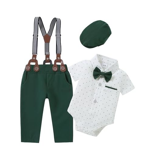 ZOEREA Baby Boy Suit Gentleman Outfit Clothes Infant Tuxedo Short Sleeve Dress Shirt+Suspender Pants+Bowtie+Hat 0-18M