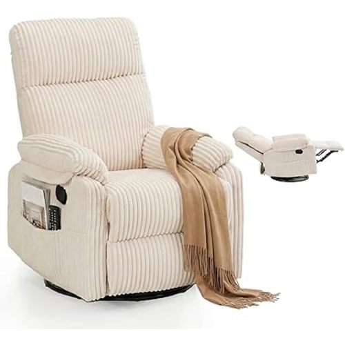 Beige Rocking Chair Nursery Recliners, Small Recliner Rocking Chair for Small Spaces, Manual Swivel Glider Recliner for Living Room Bedroom Office, Corduroy，Adjustable Backrest & Footrest (Beige)