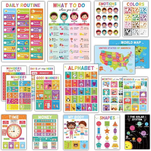 18 Educational Posters for Toddlers 1-3, Learning Posters for Kids Ages 3-5, ABC Poster Alphabet Poster for Preschoolers, Kindergarten Preschool Decor for Wall, Homeschool PreK Classroom Must Haves