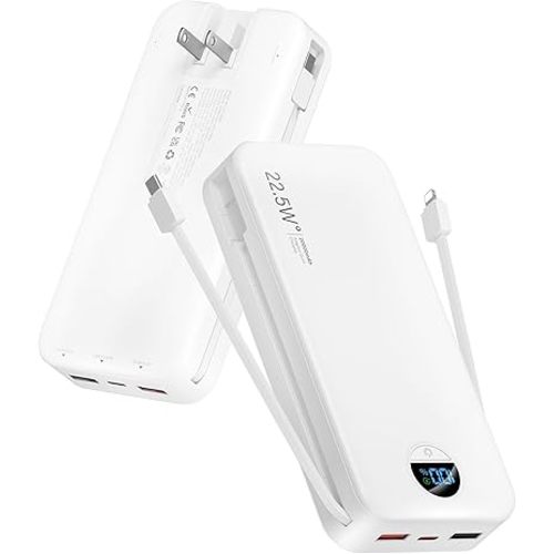 Portable Charger, 20000mAh 22.5W USB C Power Bank Fast Charging with Built-in Cables & Wall Plug, External Battery Pack with LED Display, Travel Essentials Battery Bank for iPhone iPad Samsung White