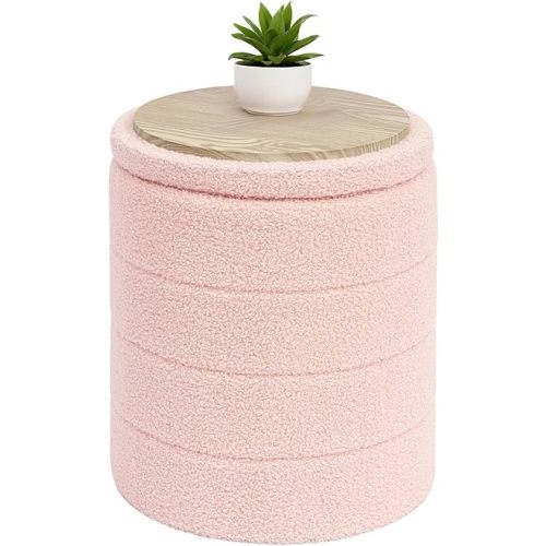 B FSOBEIIALEO Ottoman with Stroage, Round Sherpa Storage Ottoman Stool, Boucle Foot Rest 14.6"x14.6"x17.7"（Pink
