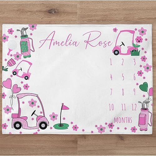 Personalized Baby Girl Blanket – Pink Golf Theme – Sport Nursery Monthly Blanket – Newborn Shower Gift