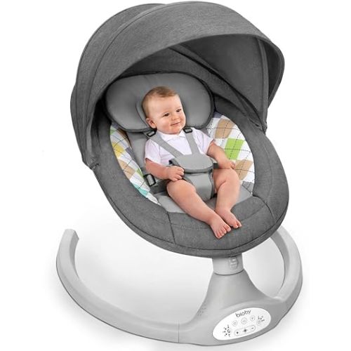 Bioby Baby Swing for Infants with 5 Natural Sway Speeds, Portable Bt Music Swing with Remote Control & 5-Point Harness, Lightweight Baby Rocker for 5-20 Lb,0-12 Months Grey