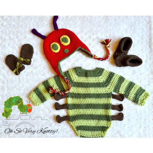 Long Sleeve Caterpillar-Inspired Handmade Baby Crochet set Photo Prop. Bodysuit Set. Hat, Legged Bodysuit, Booties & Mitts