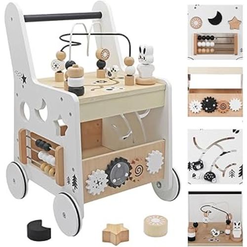Wooden Baby Walker Activity Cubes,Baby Push Walker Toy for Toddler, 5in1 Montessori Learning&Educational Toys for 1+ Year Old Boy Girl | Sorting&Stacking | Bead Mazes and Counting Toys
