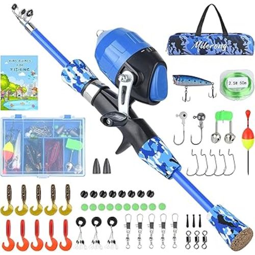 Milerong Kids Fishing Rod, Kids Fishing Pole Portable Telescopic Fishing Rod and Reel Combo Kit for Boys, Girls, Youth - with Spincast Fishing Reel, Fishing Tackles, Fishing Lures, Fishing Lines