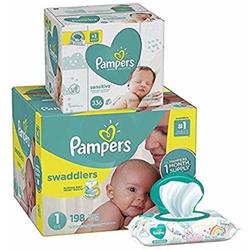 Pampers Swaddlers Disposable Baby Diapers Size 1, 198 Count and Baby Wipes Sensitive  Pop-Top Packs, 336 Count