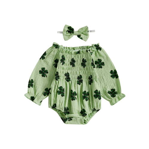 St Patricks Day Baby Girl Outfit Clover Print Smocked Bubble Romper Jumpsuits with Headband 0 3 6 12 18 Months Cotton Spring Clothes