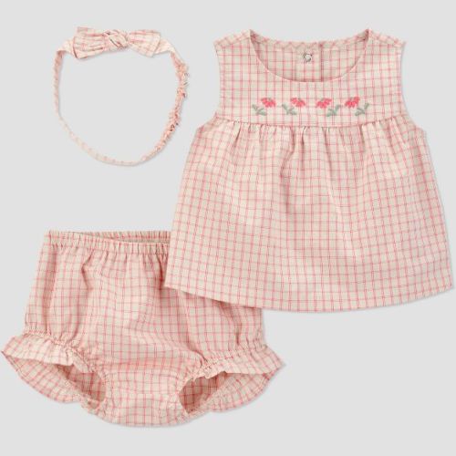 Carter's Just One You® Baby Girls' 3pc Gingham Floral Tank Top with Bloomer & Headband Set - Peach Orange/Pink Newborn