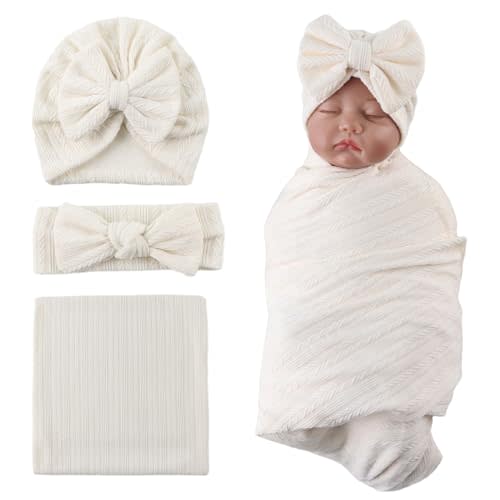 OMUKY Newborn Receiving Blanket Bow Headband and Beanie Set Baby Swaddle Receiving Blankets Baby Boy Girls Nursery Swaddle Wrap(Beige)