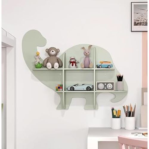 Costzon Dinosaur Wall Mounted Kids Bookshelf, 2 Tier Wooden Nursery Shelves for Toy and Book Storage, Floating Shelves for Wall, Hanging Book Shelf for Kids Rooms, Bedroom, Classroom (Green)