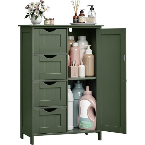 VASAGLE Storage Cabinet with Drawers, Freestanding Floor Cabinet with Door, 11.8 x 21.7 x 32.3 Inches, Adjustable Shelf, for Bathroom, Living Room, Kitchen, Forest Green ULHC041CH01S