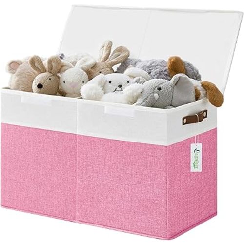 Large Toy Storage Box with Lids, Collapsible Sturdy Baby Storage Organizer Chest Bin Basket for Kids, Boys, Girls, Playroom, Nursery, Bedroom, Closet 25"x13"x16" (Pink and White)