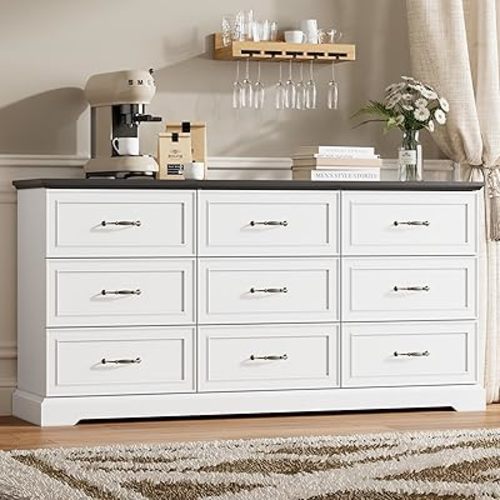 9 Drawer Dresser for Bedroom, 63" Wide Wooden Chest of Drawers, Rustic Farmhouse Dresser with Large Drawers & Metal Handles, Modern Storage Organizer for Closet, Living Room, Hallway, White
